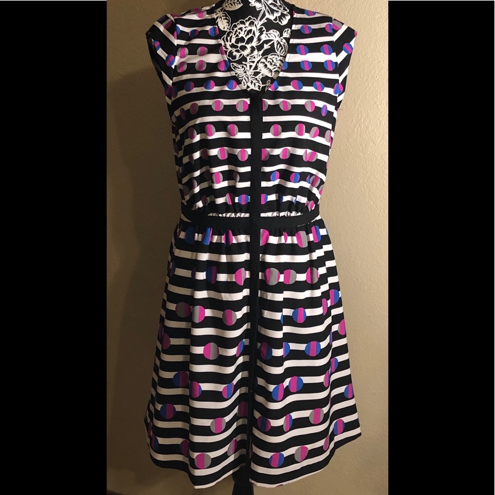 white and black striped dress with polka dots